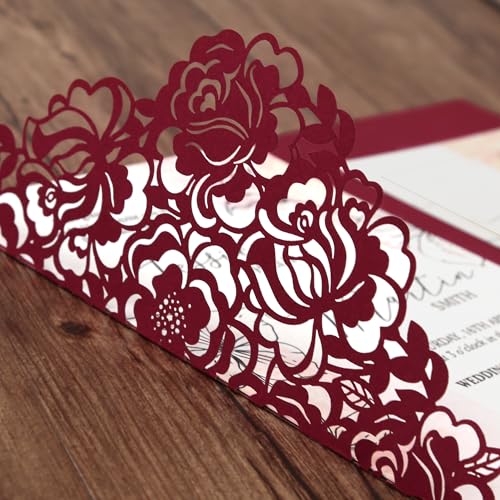 Laser Cut Wedding Invitation Pockets, 5x7 Burgundy Card Holders (50 Pack)
