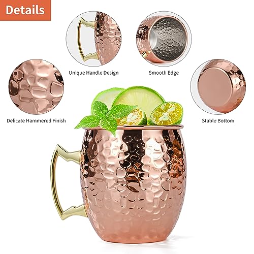 Hammered Copper Moscow Mule Mugs - 16oz Stainless Steel Set of 4