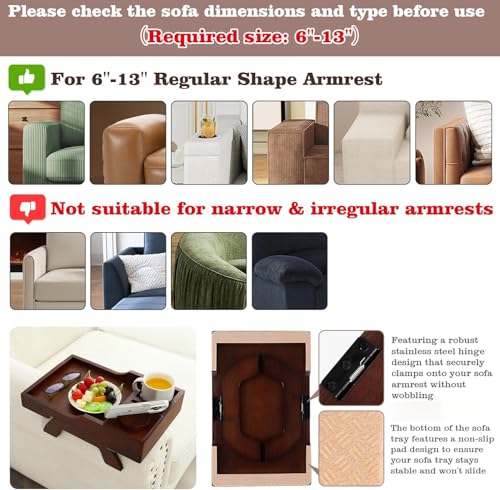Bamboo Couch Armrest Tray Table with 360° Rotating Phone Holder