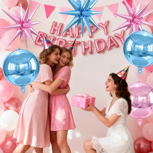 Alainzeo 6Pcs 22in Pink & Blue 4D Round & Star Balloons, Premium Foil Kit (Pink/Blue) for Birthday & Party