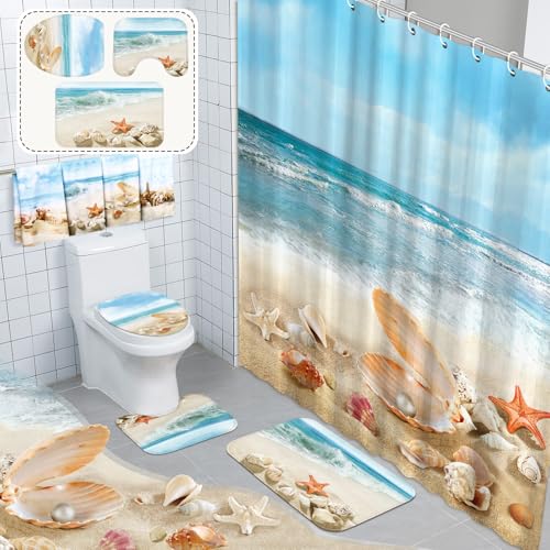 8-Piece Coastal Beach Bathroom Set with Shower Curtain, Mats, and Towels