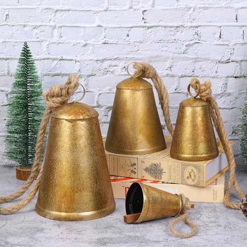 Fovths 4-Piece Christmas Cow Bells Set with 4 Sizes | Rustic Metal Hanging Decor