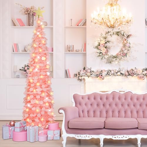 HMASYO 5ft Dreamy Pink Pop Up Tinsel Christmas Tree with Timer Lights