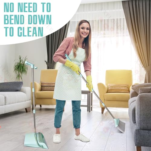Long Handle Broom and Dustpan Set with Built-in Cleaning Teeth
