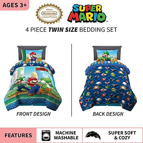Super Mario Kids Twin Bedding Set 4 Piece Reversible Comforter & Sheets by Franco - Official Licensed
