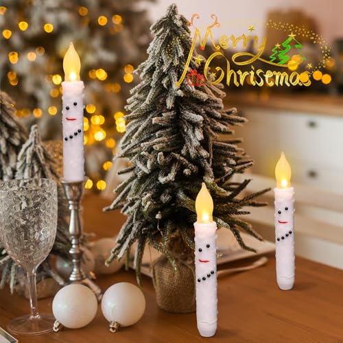 Christmas Snowman Flameless Taper Candles Set - Battery Operated Holiday Decor