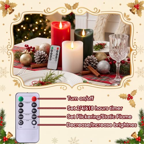 Retisee Christmas Heart Flameless Pillar Candles – 3-Piece Set with Timer, 4/5/6 Inch, Red/Green/White, Christmas Color