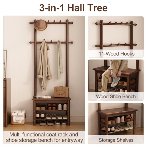Wooden Hall Tree with Bench, 11-Hook Coat Rack and 2-Tier Shoe Storage