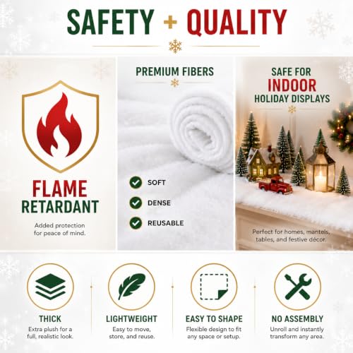 Artificial Snow Blanket Roll 94x31 in - Flame-Retardant White Plush Decor