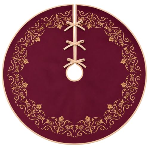 Scritism Burgundy 60 Inch Velvet Christmas Tree Skirt with Damask Baroque Embroidery