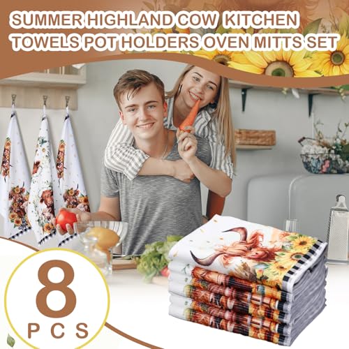 8-Piece Sunflower Highland Cow Kitchen Set: Towels, Oven Mitts & Pot Holders