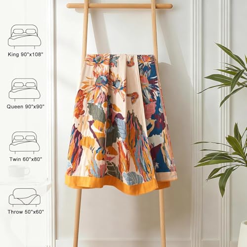 Boho 100% Cotton Throw Blanket 60"x80" - Reversible Floral Jacquard