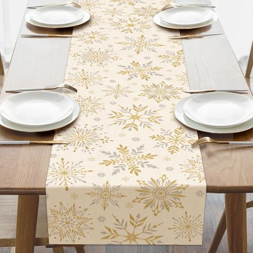 Winter Gold Snowflake Table Runner - Burlap & Glitter Gold Decor 13" x 72"