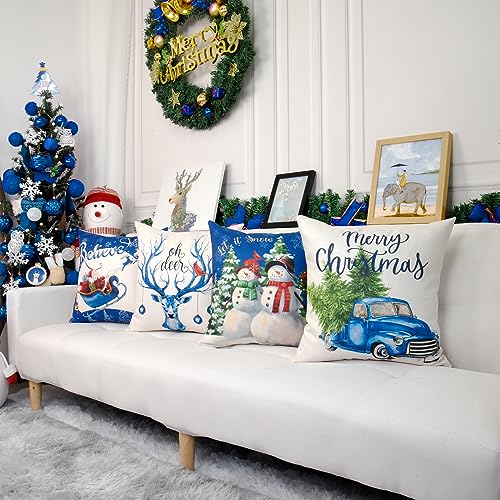 Blue Christmas Throw Pillow Covers Set of 4 20x20 Inches Holiday Cushion Decor