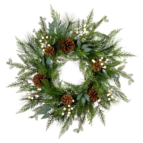 Artificial Christmas Wreath 24 Inch with White Berries & Pinecones - Indoor Decor