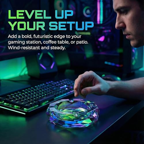 Heavy K9 Crystal Ashtray, Color-Changing Holographic Glass Ash Tray