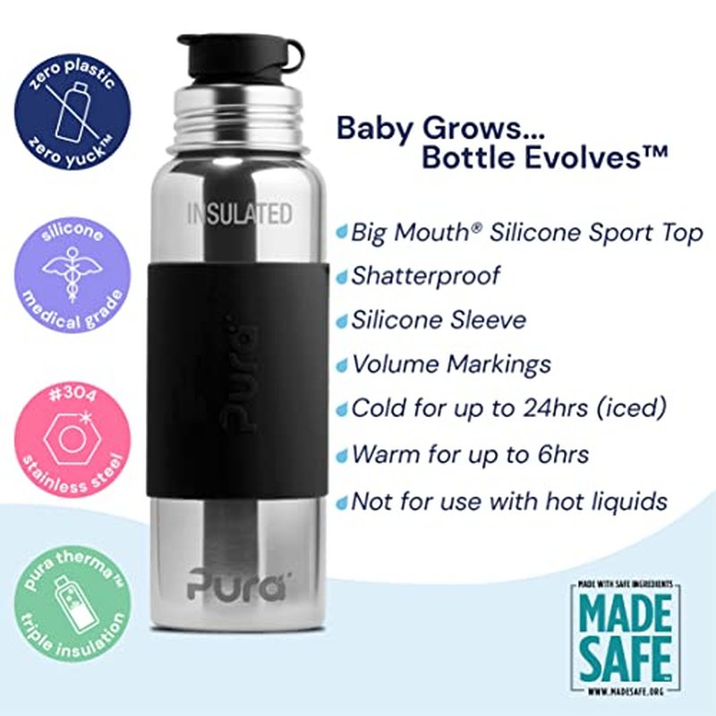 Pura Insulated Stainless Steel 22oz Sport Water Bottle | BPA Free & Plastic Free Silicone Sleeve & Spill Proof Lid for Kids & Adults - Black