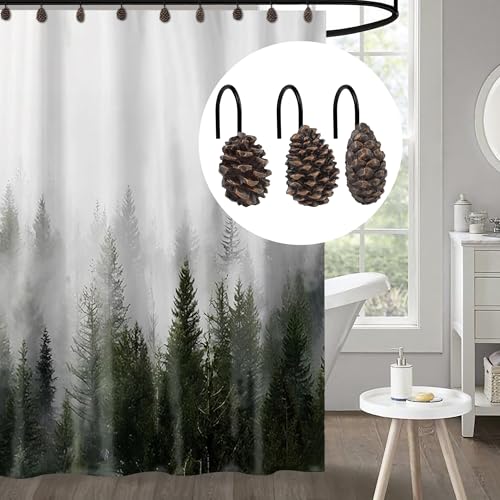 Sunlit Pinecone Family Shower Curtain Hooks Set of 12 with Black Hooks, Winter Christmas Decor