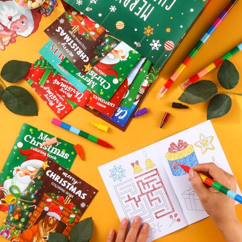 BenLouis Christmas Mini Coloring Books with Crayons - 24 Pack for Kids, Holiday Party Favors