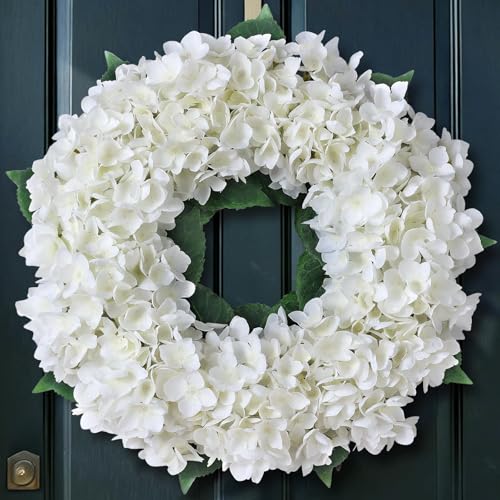 21-Inch Artificial Hydrangea Flower Wreath for Front Door Decor (White)