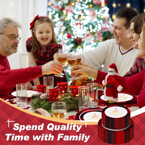 Vesici Black and Red 50 Pack Christmas Disposable Plates Buffalo Plaid 7.5 & 10.25 Inch