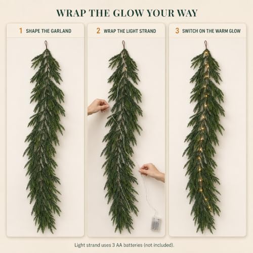 9FT NorfolK Pine Christmas Garland with 50 Warm LEDs, Battery-Operated