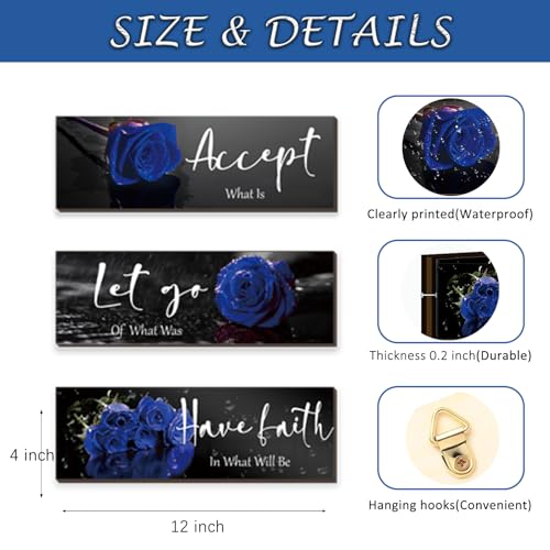 3-Piece Inspirational Floral Wooden Wall Art Set - Blue Rose Decor 12x4 Inch