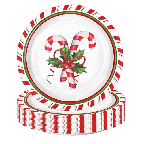 WRAPAHOLIC Christmas Candy Cane Paper Plates 7 Inch - 25 Pack Disposable Holiday Tableware