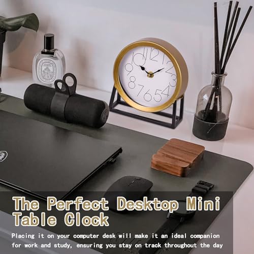 Modern Gold Metal Table Clock, Silent Non-Ticking Desk and Shelf Clock