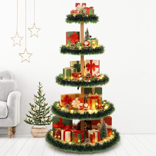 6ft Wooden Christmas Tree Shelf - 5-Tier Holiday Village Display Stand with Garland