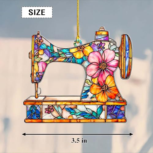RosaTeeStore Faux Stained Glass Sewing Machine Ornament - Christmas Decoration, Sewing Gift, Hanging Holiday Decor (Sewing Ornament)
