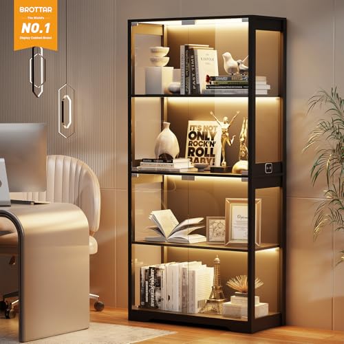 4-Tier Glass Display Cabinet with 3-Color LED Lights, Black Curio Case
