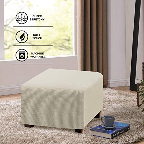 Stretch Ottoman Cover for Square Ottoman - Soft Slipcover, Biscotti Beige