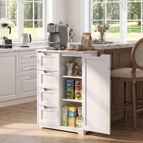 Small Coffee Bar Cabinet with 4 Drawers and Adjustable Shelf, White Sideboard