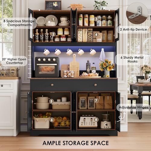 71-Inch Tall Kitchen Pantry Cabinet with RGB LED, Power Outlet and Hutch