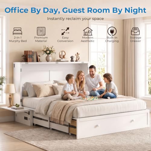 Queen Size Murphy Bed with Tri-Fold Mattress, USB Charging & Storage Drawers