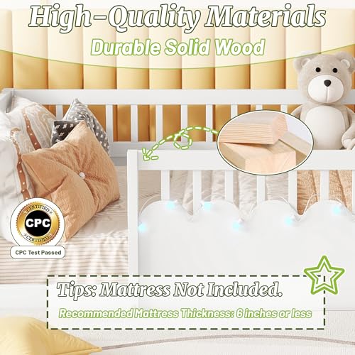 Full Size Montessori Floor Bed with High Rails, LED Lights & Storage Shelf