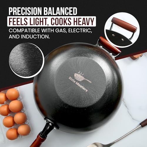 36cm Pre-Seasoned Cast Iron Wok with Wooden Lid & Dual Handles - Nonstick Chinese Stir-Fry Pan