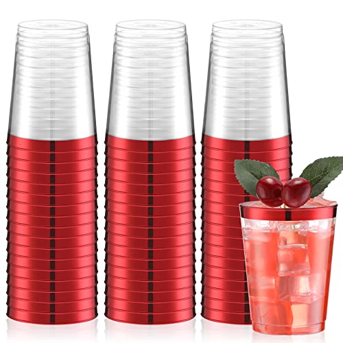 Norme 50 Pack 10 oz Clear Plastic Cups with Red Colored Rim, Disposable Drinkware