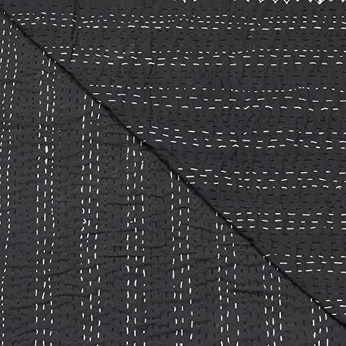 Traditional Kantha Quilt - Handcrafted Pure Cotton Bedspread (Black, Queen 90"x108")