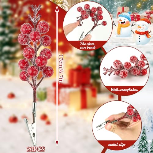 Fangoo 20Pcs Artificial Snowy Red Berry Stems with Clips – Snow Red-15berry