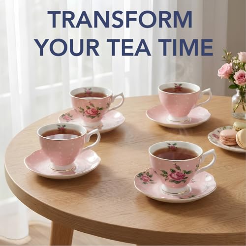 Pink Floral Tea Cup Set of 4 - 8 oz Porcelain Tea Cups with Gold Trim, Dishwasher Safe