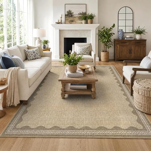 5x7 Scalloped Washable Area Rug, Non-Slip Low-Pile Carpet for Living Room