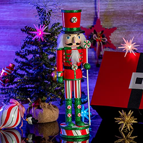 15-Inch Wooden Peppermint Nutcracker Figurine Christmas Candy Soldier Decor