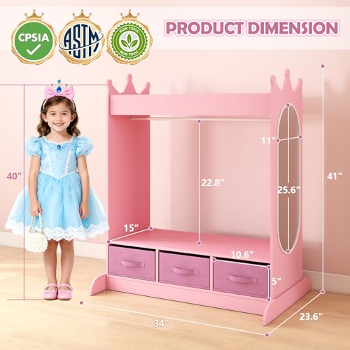 Kids Dress Up Storage Armoire with Mirror, Drawers and Hanging Rod - Pink