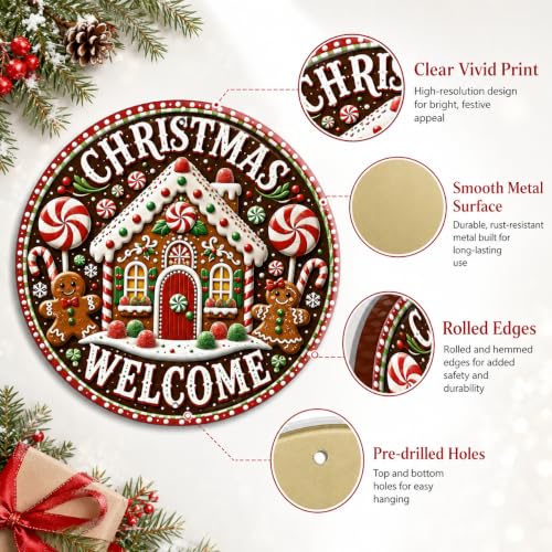 Christmas Welcome Gingerbread Metal Sign 8x8 Inch Round Holiday Decor - Brown, Red, White & Green