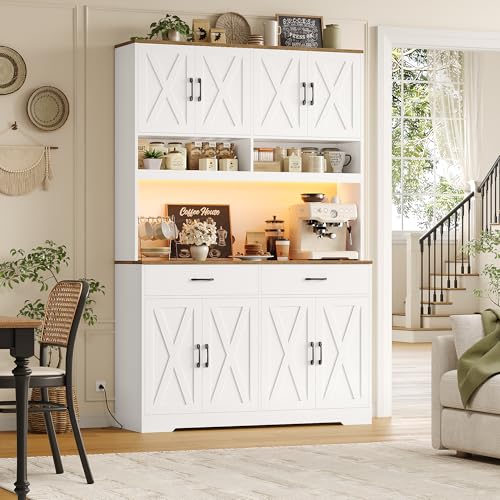 75" Tall Kitchen Pantry Cabinet with Charging Station and LED Lights