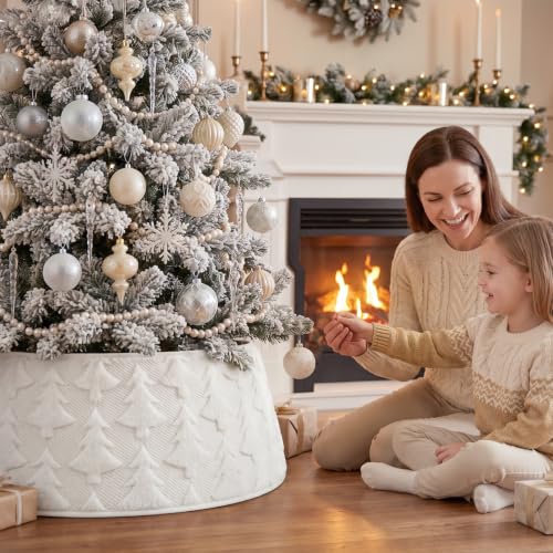 White Faux Fur Christmas Tree Collar - Plush Diamond Pattern, Adjustable 7.5-9ft