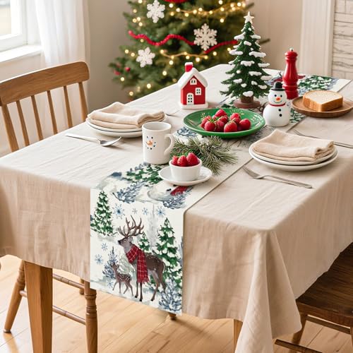 Artscope Beige 13x108 Christmas Table Runner with Reindeer Snowman Snowflakes