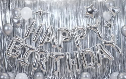 Silver Happy Birthday Foil Balloon Banner with Star Decorations